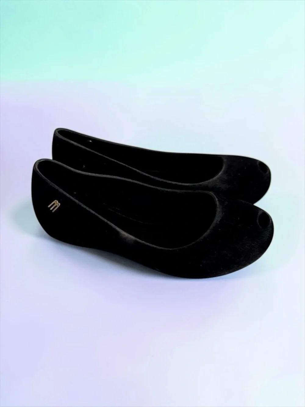 Mini Melissa Peep‑Toe Flats Black Velvet Matte Girls Size 13 Like New